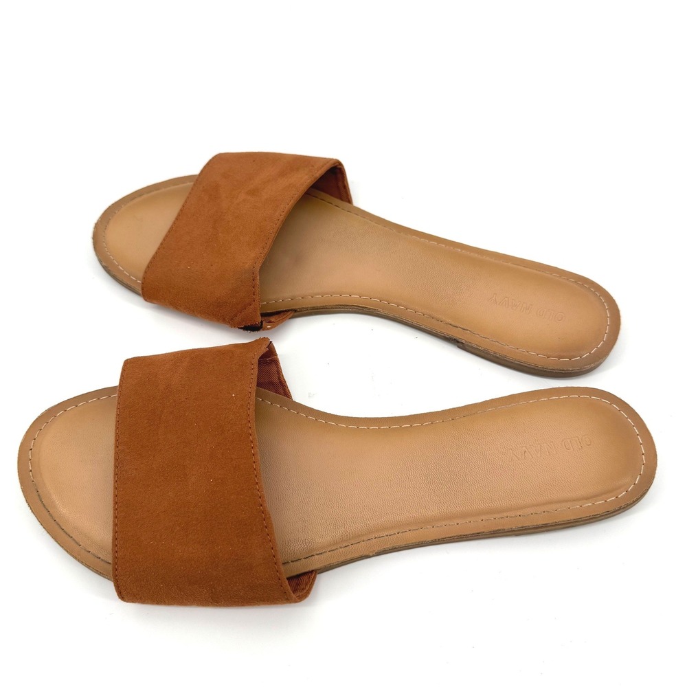 Old Navy Slide Sandals Womens 10 Brown Faux Suede Flat Minimalist Summer Slip On
